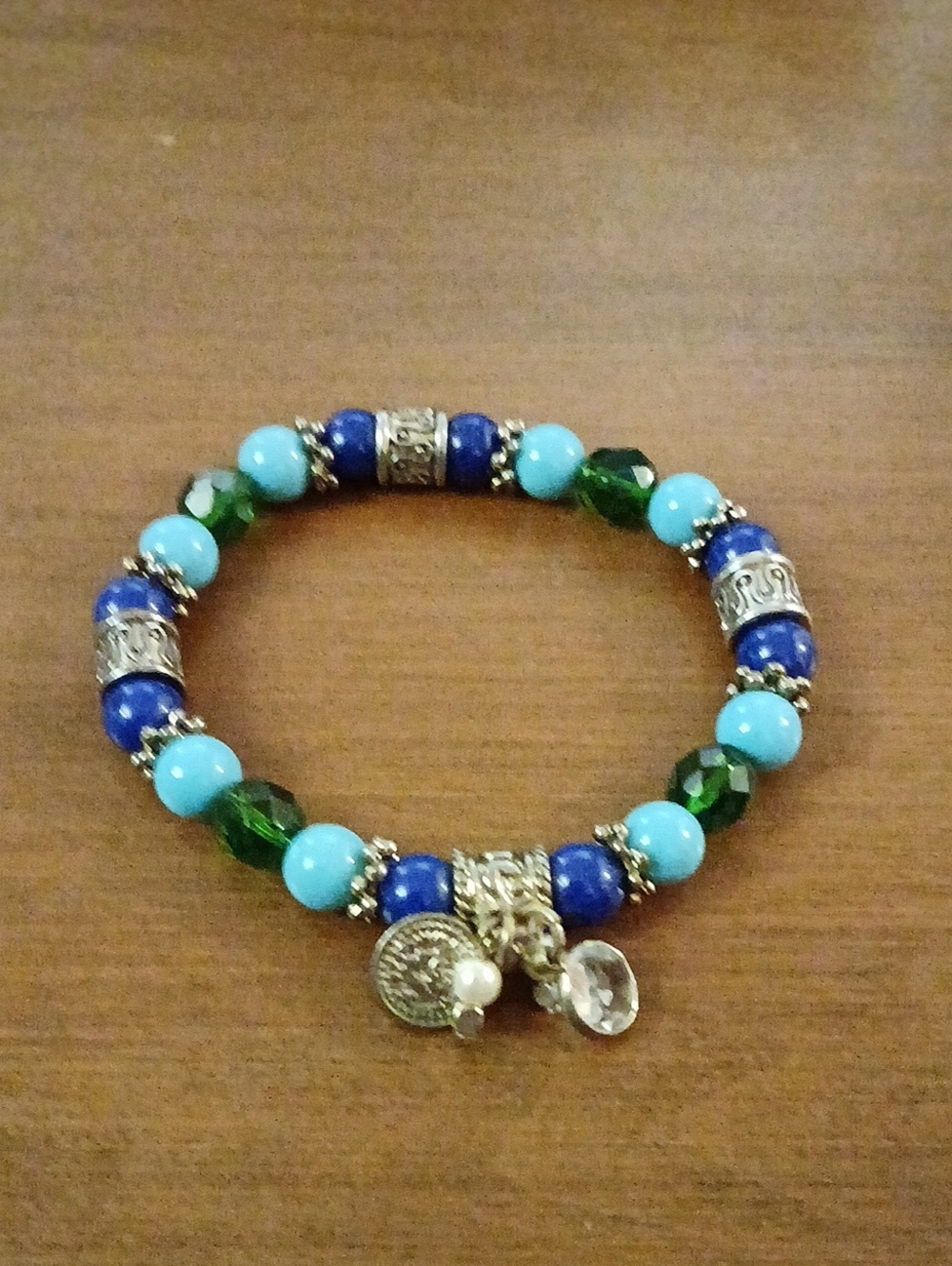 Turquoise & Royal Blue Beaded Charm Stretchy Bracelet